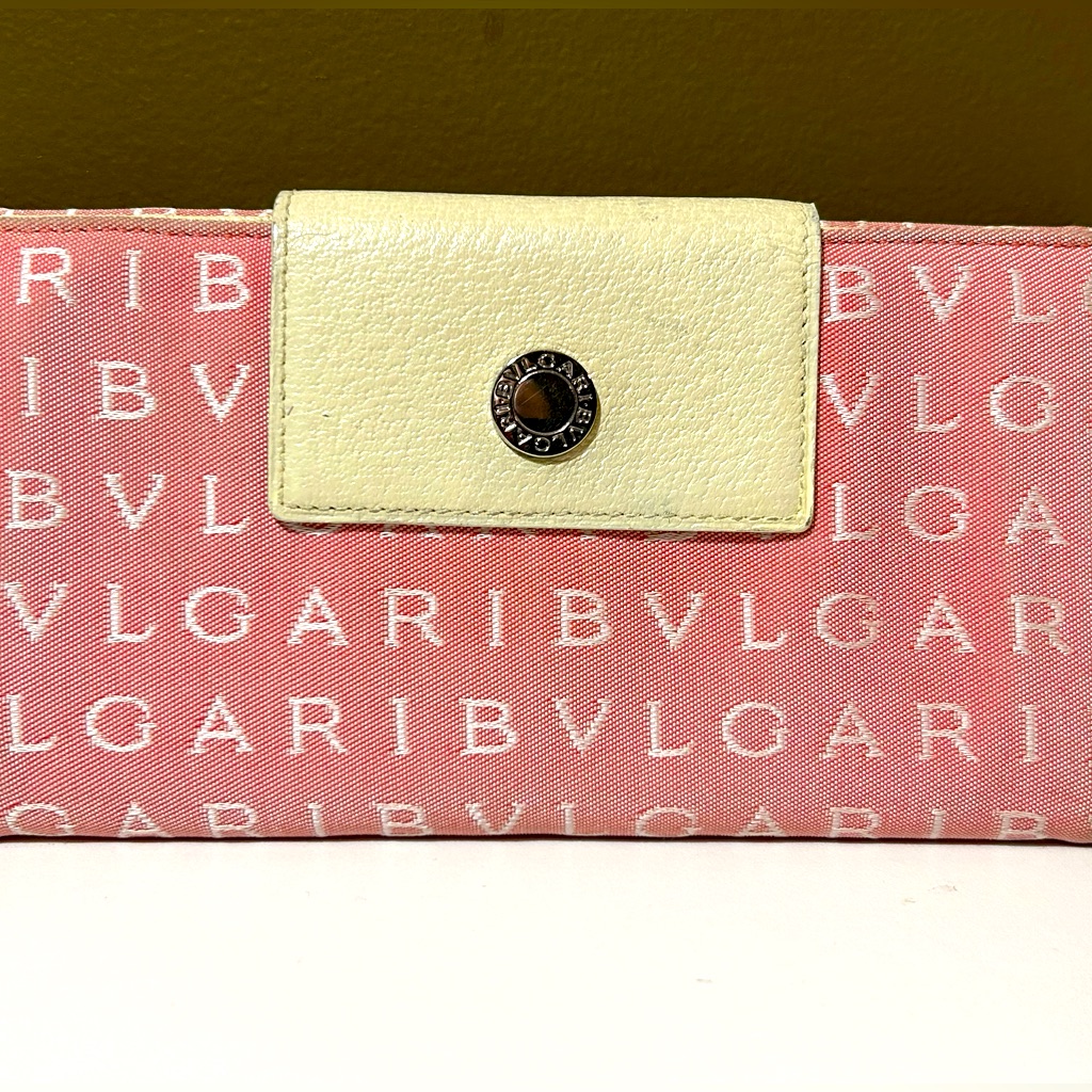 Bvlgari Long Wallet Logo Mania Beige Canvas X Leather